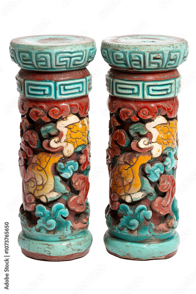 Two tall pillars with a dragon and flowers on them. on transparent background. Two tall pillars with a dragon and flowers on them. on transparent background.