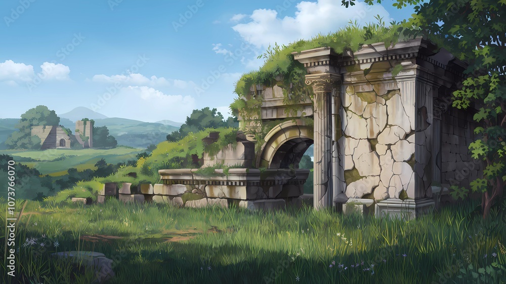 Ancient Roman Lush Mossy Ruins Watercolor Background Ancient Roman Lush Mossy Ruins Watercolor Background