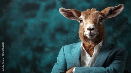 A cheerful goat dressed in a teal suit stands before an artistic, slightly blurred background, combining elements of joy, creativity, and modern art. photo