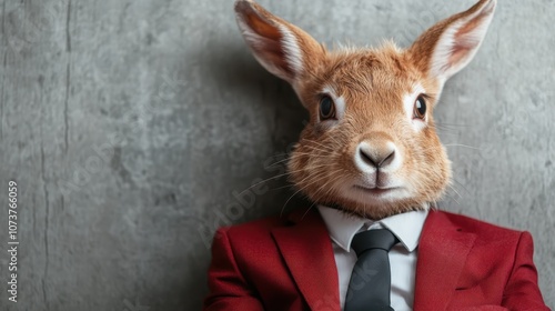 A portrait of an anthropomorphic rabbit head wearing a red business suit and tie against a concrete wall, representing elegance and charm. photo