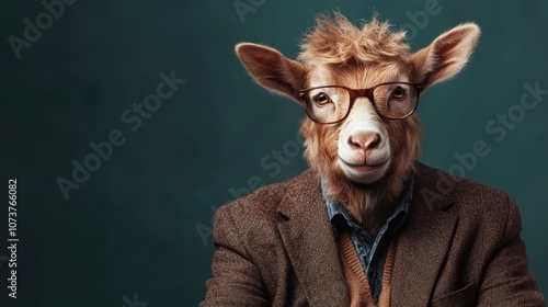 A relaxed goat wearing glasses and a brown blazer with a sophisticated look, combining animal and human aspects for a unique artistic impression.