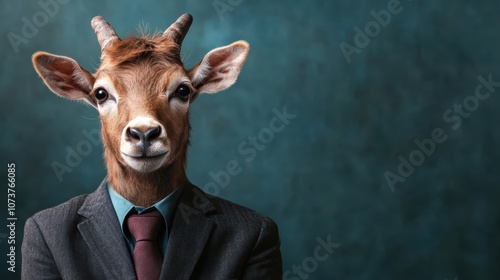 A thin-horned goat dons a sharp formal suit with a burgundy tie, posing for a professional portrait on a sophisticated teal background, symbolizing grace and authority. photo