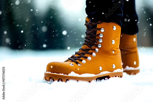 Stylish winter boots covered in snow, ideal for outdoor adventures. Perfect for a cozy winter look amid falling snowflakes. photo