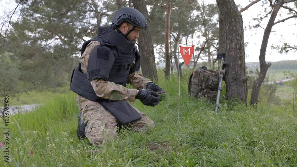 A man in a military uniform and a bulletproof vest works in the forest to demine the territory. A man warns of danger by making a red mark A man in a military uniform and a bulletproof vest works in the forest to demine the territory. A man warns of danger by making a red mark