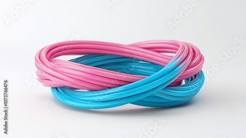 Abstract intertwined blue and pink loops on a white background.