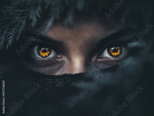 A close up of a person's eyes peeking out from behind a blanket.