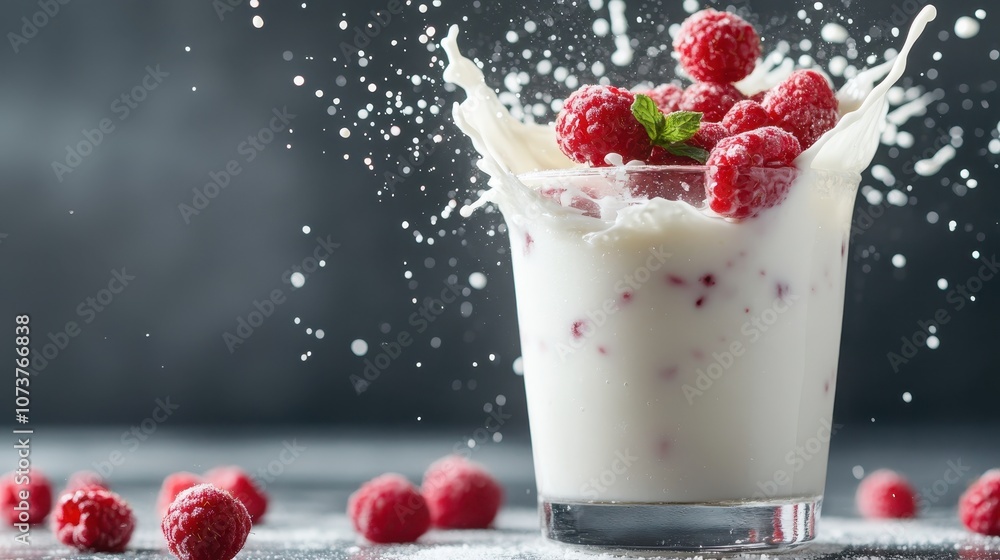 A thrilling splash of creamy yogurt with bursting raspberries and mint leaves, embodying freshness and vitality in a beautiful display of movement and color. A thrilling splash of creamy yogurt with bursting raspberries and mint leaves, embodying freshness and vitality in a beautiful display of movement and color.
