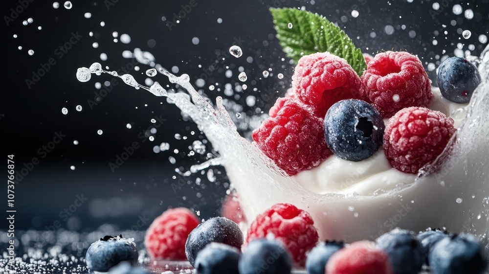 Fototapeta premium Delightful raspberries and blueberries create an explosive splash in creamy yogurt, captured in a stunning display of movement and vibrancy, awakening the senses.