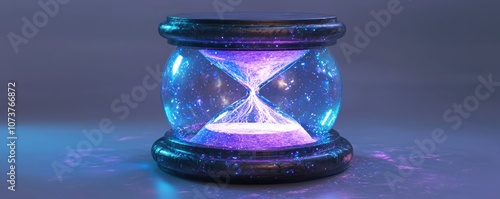 3D hourglass with glowing purple and blue cosmic elements photo