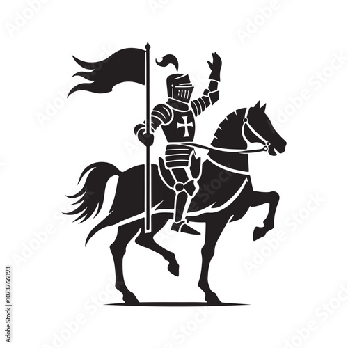 A black silhouette of a knight, helmeted and clad in plate armor, rides a horse. With one hand, he waves triumphantly, and with the other, he holds a flag that billows in the breeze. 