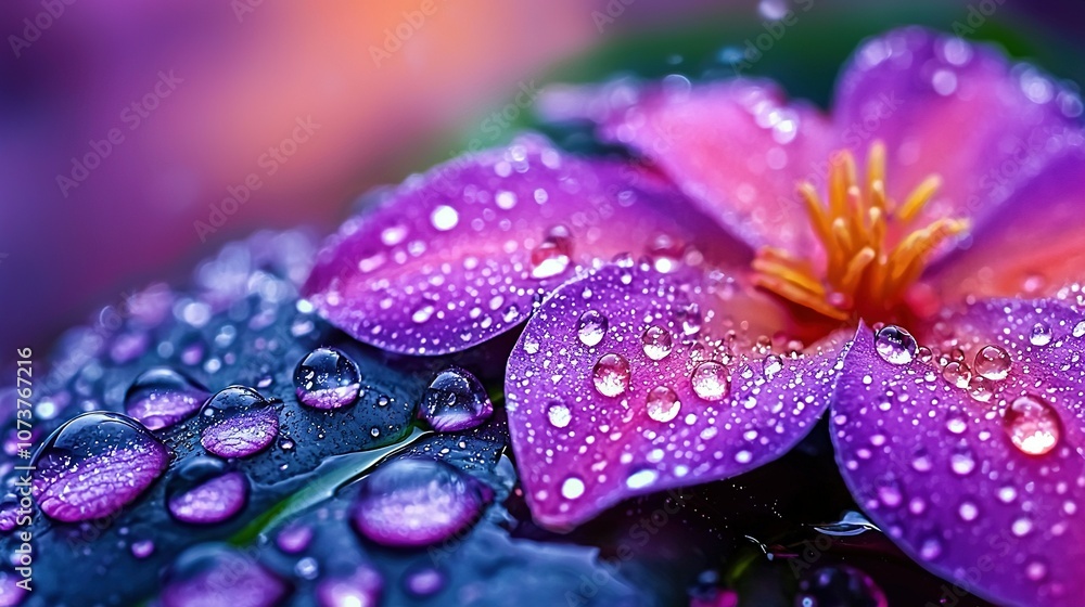 Purple flower with water droplets and green leaves in focus Purple flower with water droplets and green leaves in focus