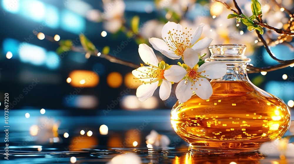 a bottle of oil with a flower on a branch in the foreground and a focused background a bottle of oil with a flower on a branch in the foreground and a focused background
