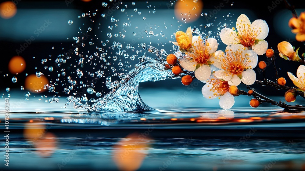 A group of orange flowers bobbing in a body of water as waves crash onto them A group of orange flowers bobbing in a body of water as waves crash onto them