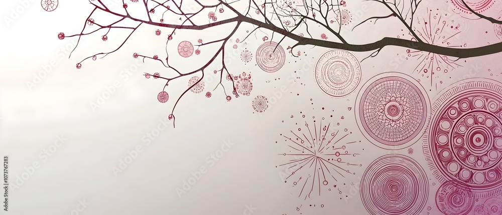 A minimalist illustration featuring delicate tree branches and intricate circular patterns in shades of pink, creating a soothing and artistic atmosphere. A minimalist illustration featuring delicate tree branches and intricate circular patterns in shades of pink, creating a soothing and artistic atmosphere.