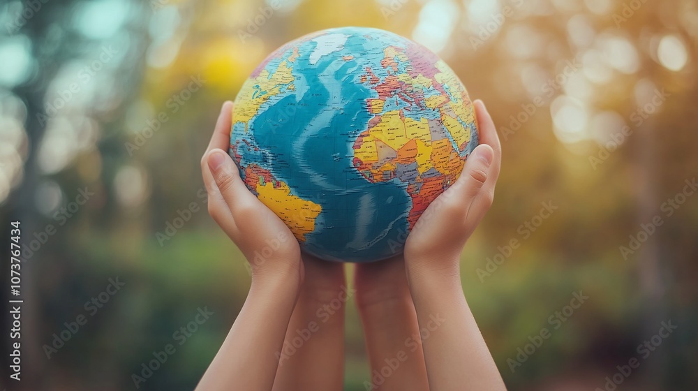 Close-up of hands holding a globe in a lush green forest. Close-up of hands holding a globe in a lush green forest.