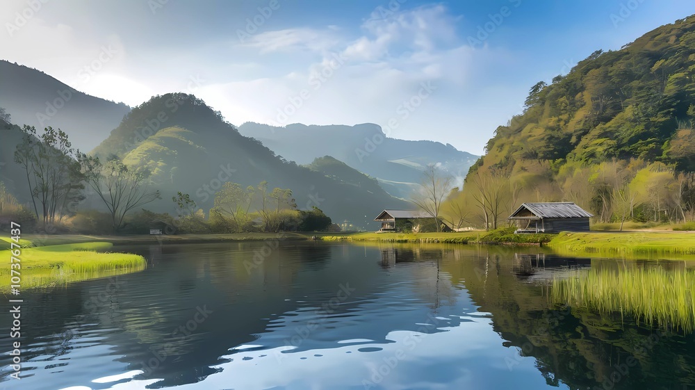 Lake in the Mountains View Wallpaper Background