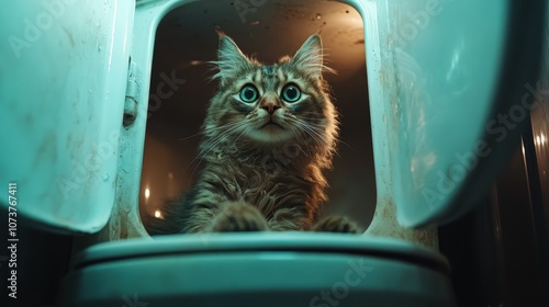 A cat playfully looks out from the entrance of a washing machine, surrounded by the bluish glow of light emphasizing its alert and ready-to-pounce demeanor. photo