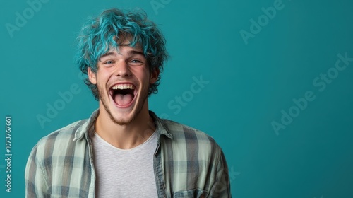 A cheerful man with bright blue-dyed hair, captured mid-laugh, expressing happiness and positivity, standing against a colorful background in lively detail. photo