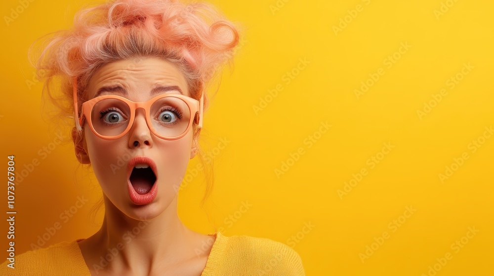 A woman with pink glasses has a surprised expression against a vivid yellow background, emphasizing shock, fashion, and contrast with modern artistic flair. A woman with pink glasses has a surprised expression against a vivid yellow background, emphasizing shock, fashion, and contrast with modern artistic flair.