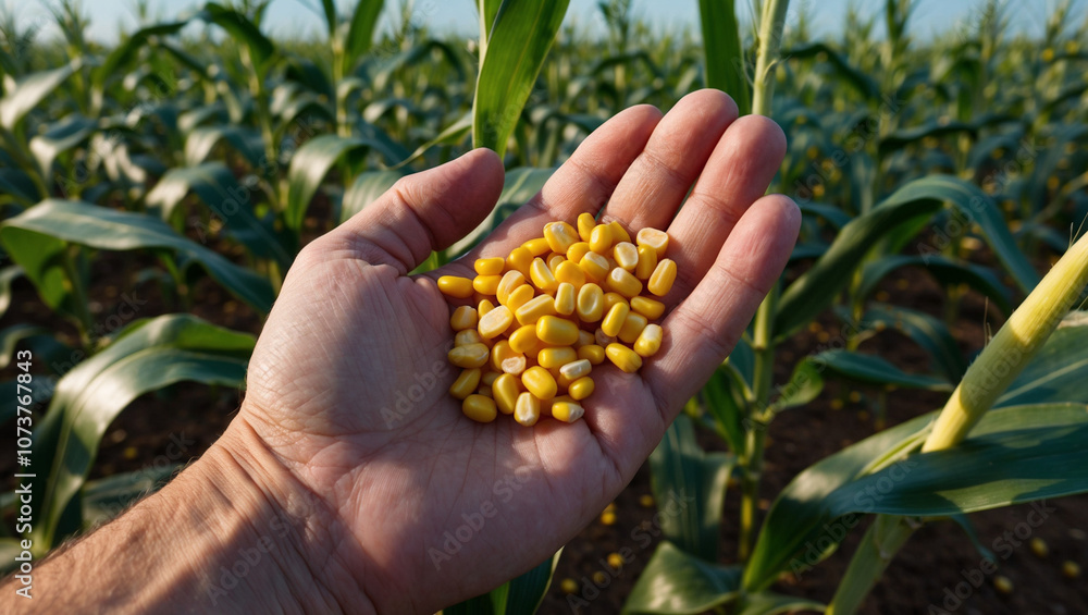 Corn quality inspection. Farmer with corn kernels in corn field. Harvest. Farming business Corn quality inspection. Farmer with corn kernels in corn field. Harvest. Farming business