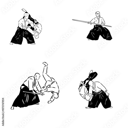 Aikido combat between athletes, stylized vector illustration
