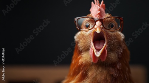An intriguing chicken wears large glasses, presenting a squawking expression filled with amazement, creating a whimsical yet amusing portrayal on a black background.
