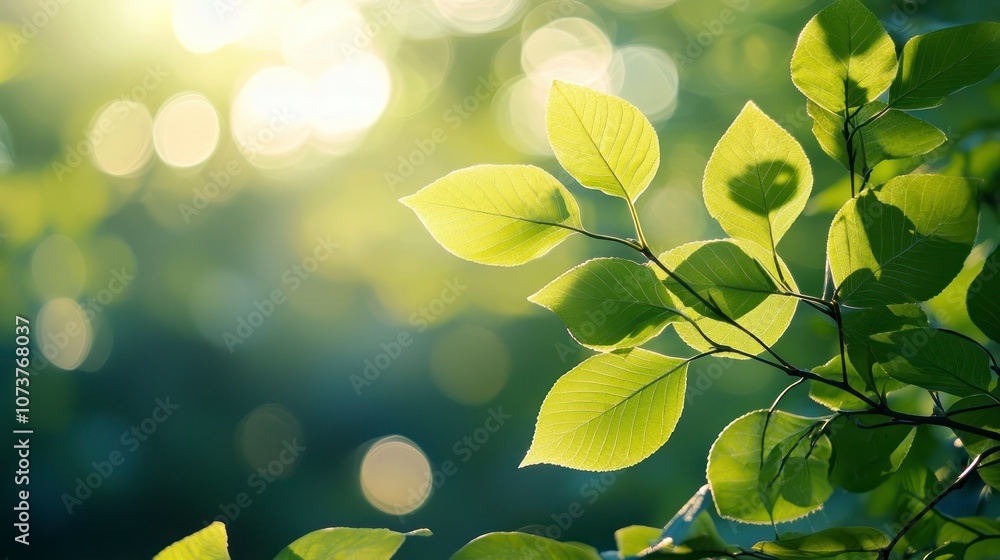 Green leaves with a sunlit bokeh background, a nature-inspired scene Green leaves with a sunlit bokeh background, a nature-inspired scene