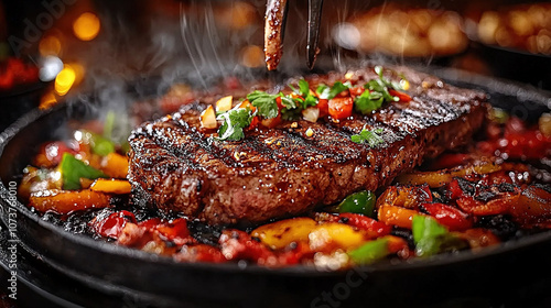  Steak with vegetables and seasoning in a skillet