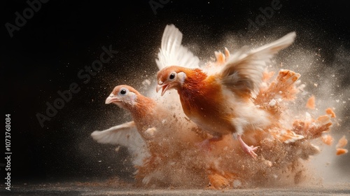 Two vibrant birds burst into motion amidst an explosion of feathers and dust, creating a dynamic and energetic scene filled with movement and vitality. photo