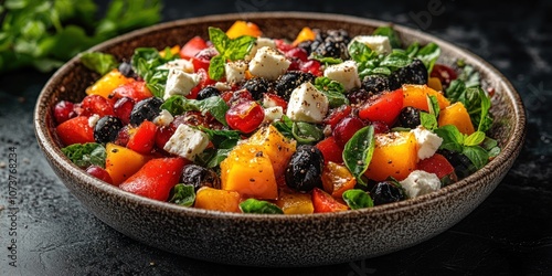 Fresh salad with feta cheese, blueberries, pomegranate seeds, and bell peppers in a bowl.