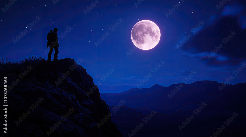 A solitary figure stands on a cliff, gazing at a large, luminous moon against a starry blue night sky. A solitary figure stands on a cliff, gazing at a large, luminous moon against a starry blue night sky.