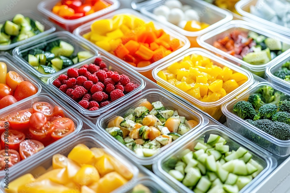 Freshly prepped fruits and vegetables in clear storage containers. Freshly prepped fruits and vegetables in clear storage containers.