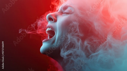 The image portrays a woman enshrouded in swirling red and blue mist, her mouth open as if shouting, with dramatic lighting creating an ethereal vibe. photo