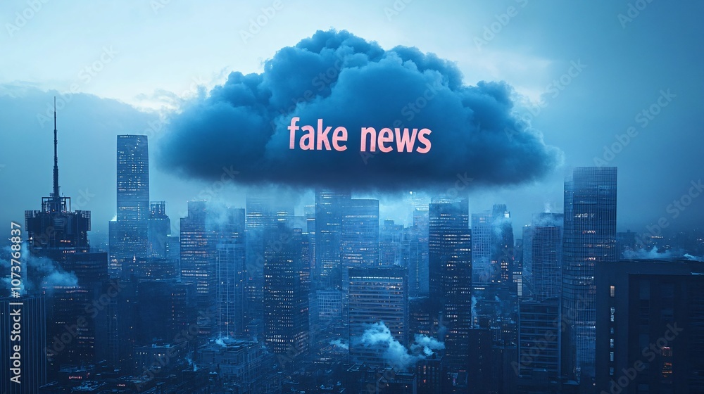 Fototapeta premium Dark cloud labeled fake news over a city skyline, symbolizing the spread of disinformation.