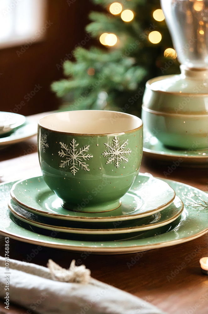 Close-up of festive green dinnerware with white snowflake design, set on a cozy holiday table with warm, decorative lighting.
Close-up of festive green dinnerware with white snowflake design, set on a cozy holiday table with warm, decorative lighting.