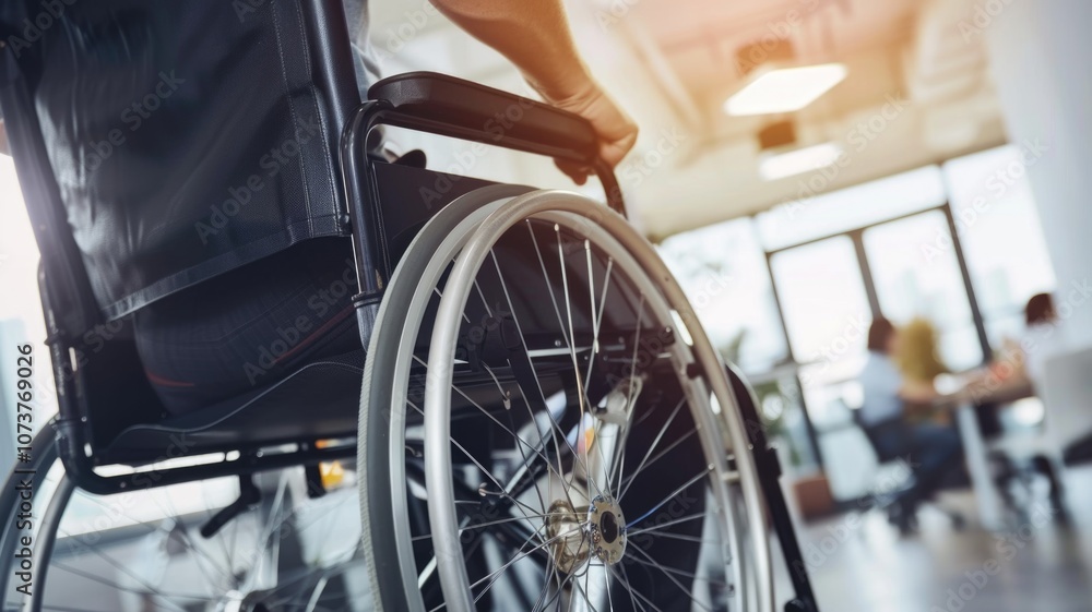 Wheelchair in modern office setting reflecting accessibility and inclusion