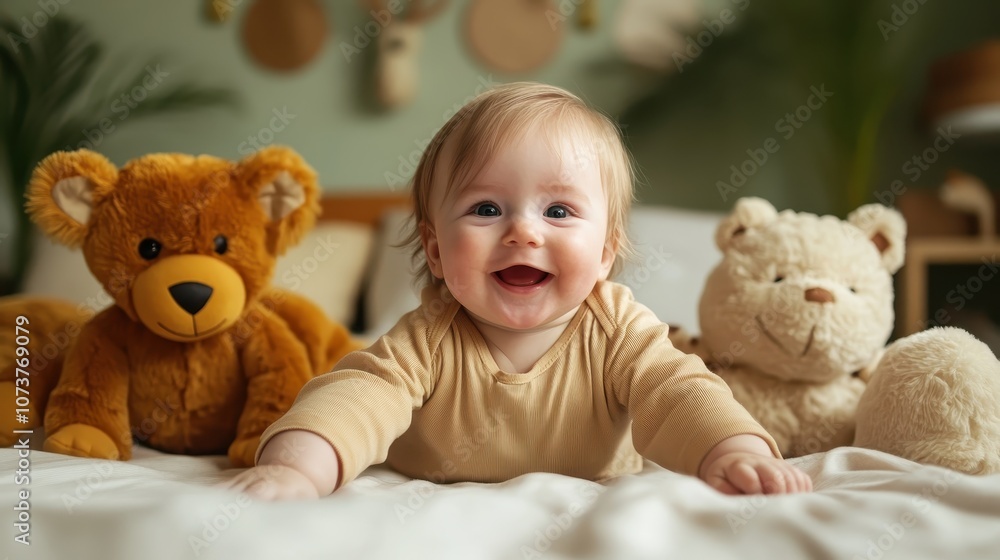 An adorable baby, wearing a beige outfit, cheerfully poses with a teddy bear and other plush toys on a soft, inviting bed in a comfortably styled room. An adorable baby, wearing a beige outfit, cheerfully poses with a teddy bear and other plush toys on a soft, inviting bed in a comfortably styled room.