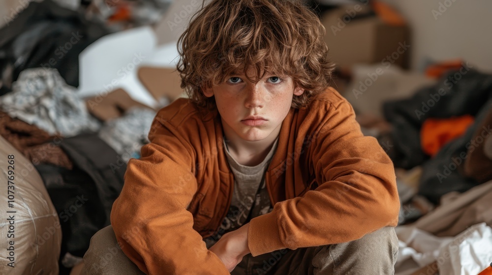 Obraz premium A young boy with curly hair sits thoughtfully in a cluttered room. The focus is on his contemplative expression, highlighting curiosity and introspection in a youthful setting.