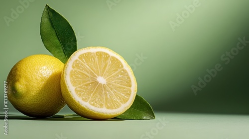 A pair of lemons, one whole and one sliced, rests on a vibrant green background with fresh leaves, embodying a refreshing burst of citrus energy and zest. photo