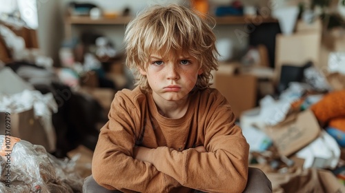 A blonde child with a pouty expression sits in a messy room. His ruffled hair and casual stance emphasize his mood, showcasing childhood in an unstaged setting. photo