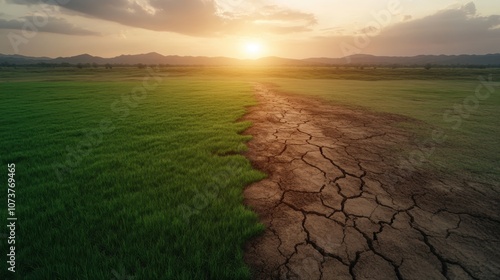 A landscape highlighting the stark contrast between lush green grass and dry, cracked earth under a setting sun, symbolizing nature's duality and balance. photo