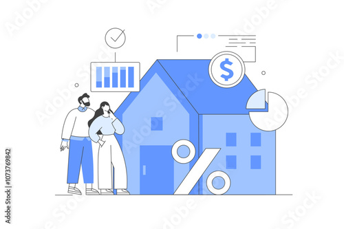 People, Family, couple Buying Home with Mortgage. Investment and Finance Management Concept. Flat Cartoon Vector Illustration, icon. Stylish, Minimalist 
