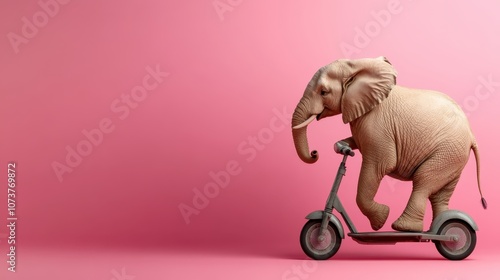 A humorous and playful scene featuring an elephant joyfully riding a scooter on a pink background, highlighting whimsicality and creativity in a colorful fantasy world.