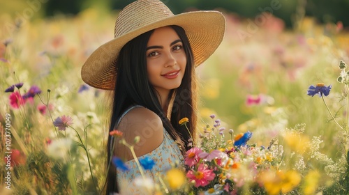 Portrait of a Woman with Long Black Hair in a Floral Meadow on a Sunny Day