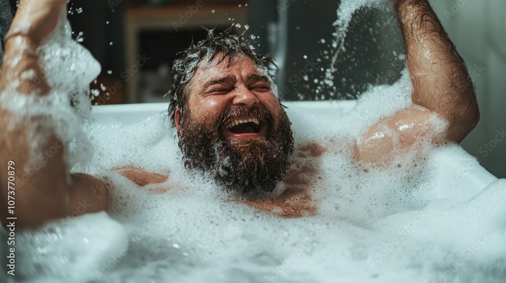 In a bubble-filled bathtub, a man with a beard enjoys moments of joy, bubbles flying around, exemplifying relaxation and the comforts of a home spa experience. In a bubble-filled bathtub, a man with a beard enjoys moments of joy, bubbles flying around, exemplifying relaxation and the comforts of a home spa experience.