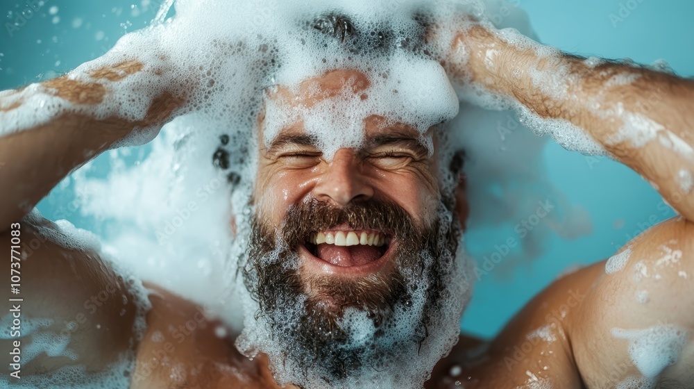 Fototapeta premium A bearded man is joyfully washing his hair with an abundance of shampoo foam in a playful and carefree manner in the shower, indicating pure happiness and delight.