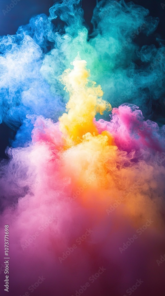 A vibrant cloud of smoke amidst a dark blue sky during a rainbow - colorful image A vibrant cloud of smoke amidst a dark blue sky during a rainbow - colorful image