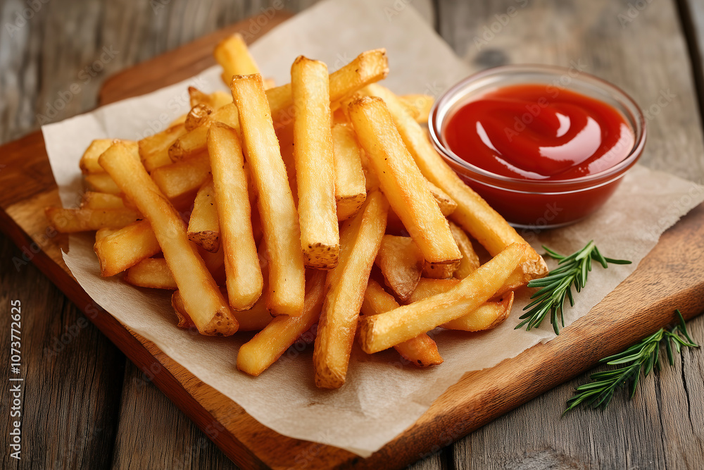 Golden crispy fries served with a side of ketchup on a rustic wooden table. Generative AI Golden crispy fries served with a side of ketchup on a rustic wooden table. Generative AI