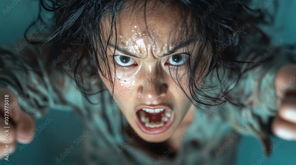 Close-up of an angry woman with intense expression, sweat on her face, and clenched fists, showcasing strong emotion and aggression in a dramatic style. Close-up of an angry woman with intense expression, sweat on her face, and clenched fists, showcasing strong emotion and aggression in a dramatic style.
