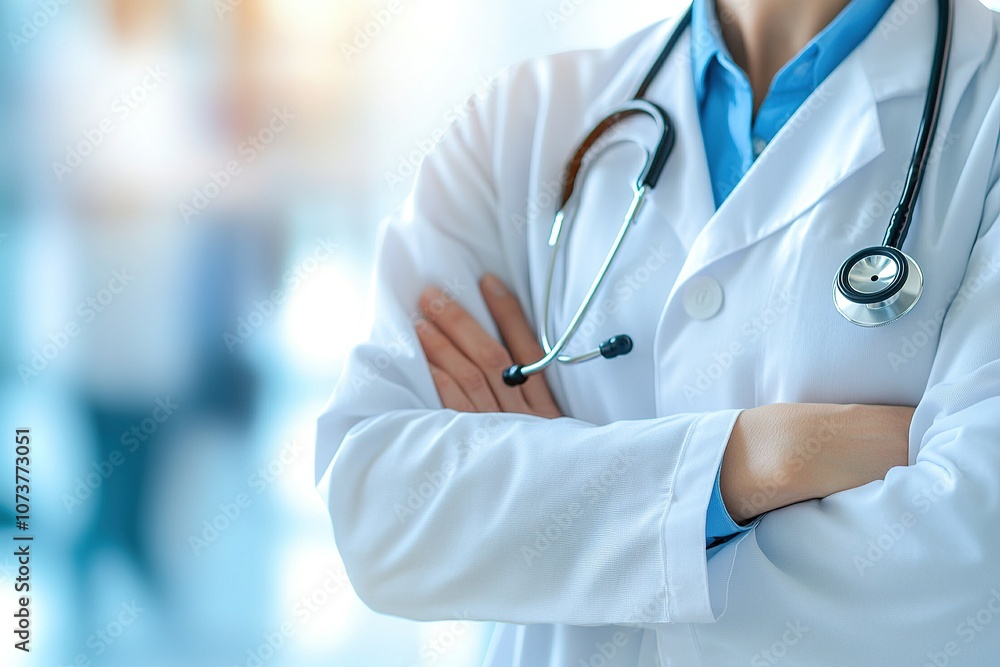 Close-up of doctor with folded arms and stethoscope. Close-up of doctor with folded arms and stethoscope.